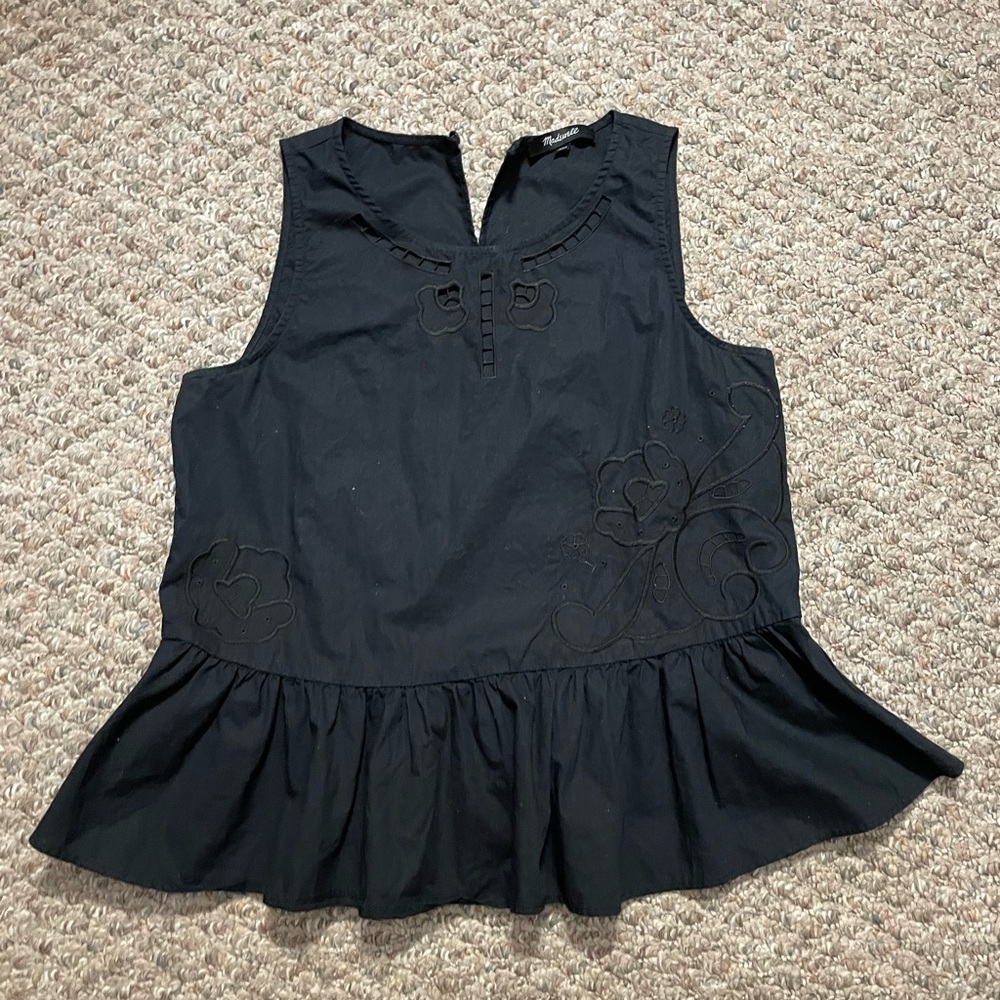 Madewell Black Embroidered Cutout Peplum Tank Top